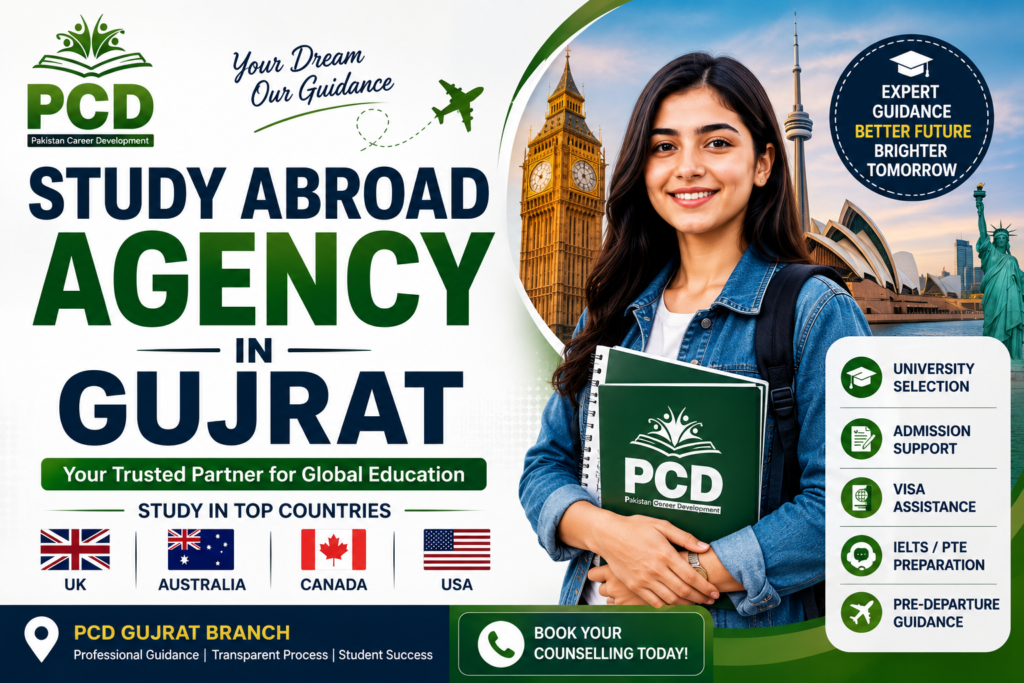 Looking for a study abroad agency in Gujrat? PCD helps students with university selection, admissions, visa guidance, IELTS, PTE and study abroad planning.